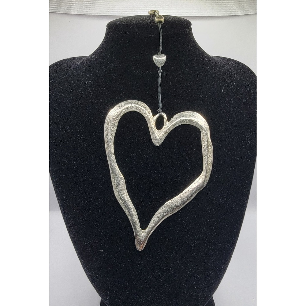 Oversized Hammered Open Heart Pendant Long Black Cord Necklace Silver Tone 17"